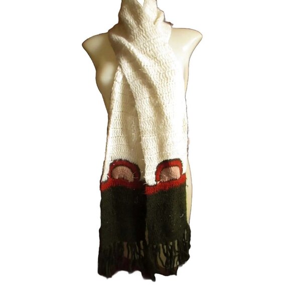 Vintage 1970s Womens 7 foot  KNIT GROOVY BOHO HIPPY LONG Neck Scarf Olive /Green - Picture 2 of 6
